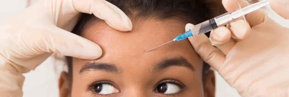 Close-up of a woman receiving a Botox forehead injection, representing common Botox myths and the truth behind the treatment.