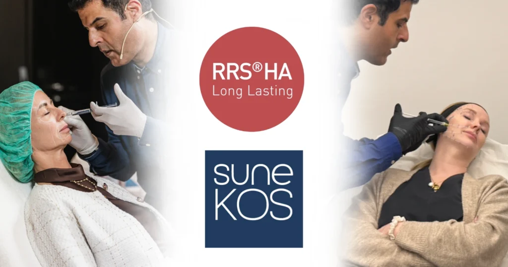 An image showing the RRS HA Long Lasting logo and the Sunekos logo with 2 photos of Dr Javed Hussain administering both treatments on his patients.