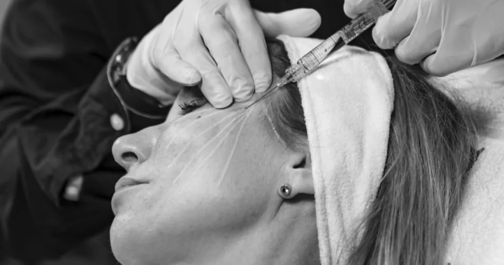 Close image of a client having injectable treatment in face to prevent ageing skin.